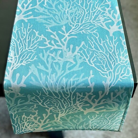 Ocean Blue Coral Oceanic Summer Decor Coastal Beachy 72" Linen Table Runner New - Picture 3 of 5